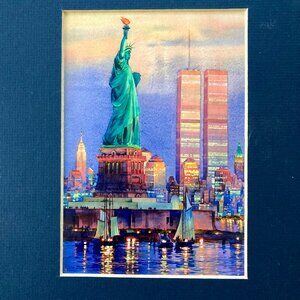 New York Skyline Statue Liberty Print Watercolor Painting Artwork Roustam 8x10
